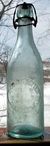 A pre-1900 9 3/8" aqua blob top bottle is either a beer or soda by Charles Vetter, Chester N.Y. chs-003345